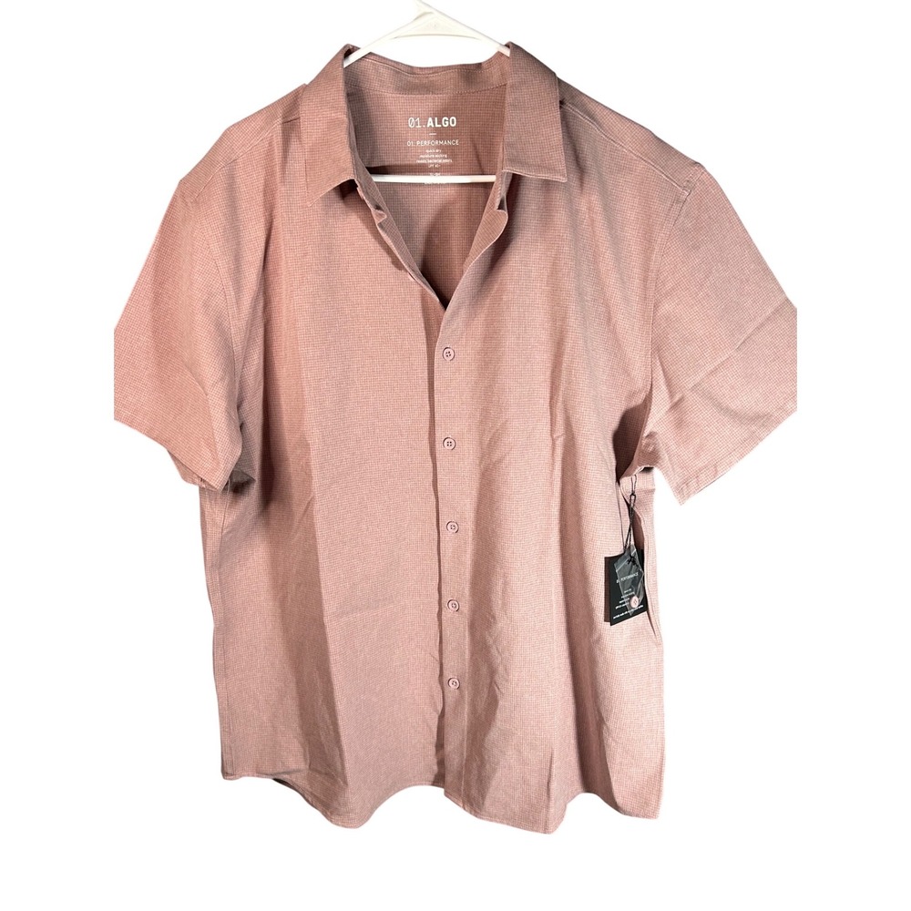 01.ALGO Performance‎ Mens XL Mauve Pink Short Sleeve Button Down Grid UPF40